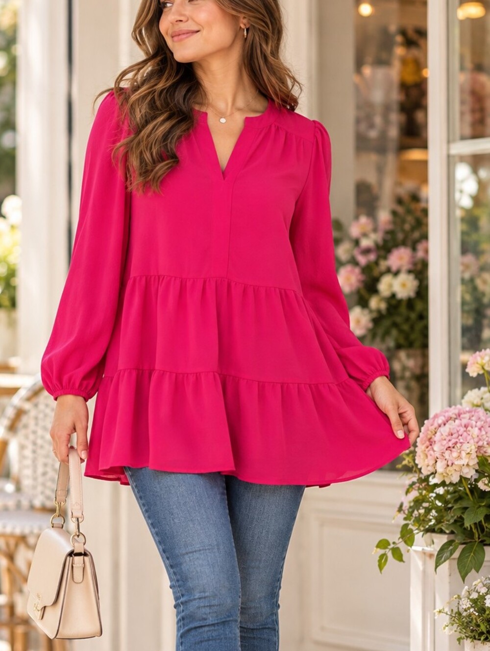 Reitmans Hot Pink Tiered Peplum Tunic Blouse Puff Sleeve Boho XS